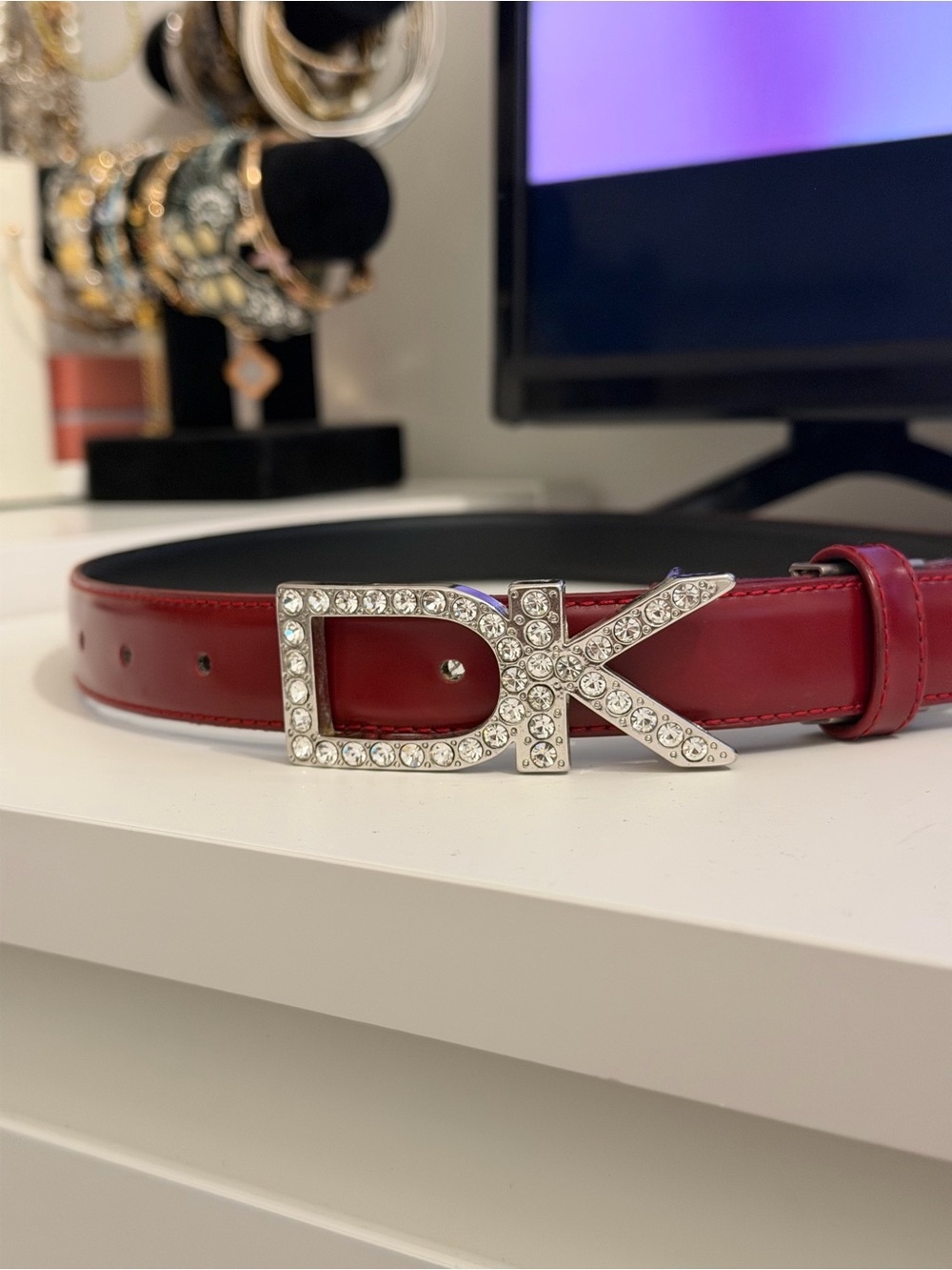 Donna Karan Burgundy Leather Belt with Crystal DK Buckle - Picture 3 of 3